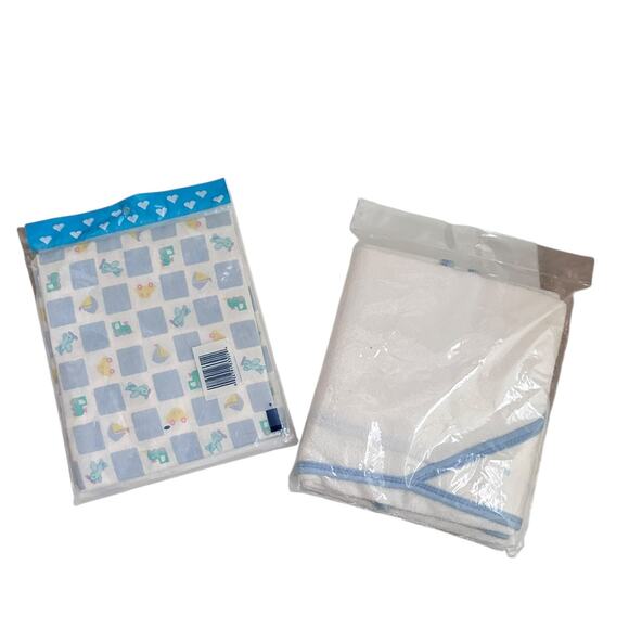 Vtg Baby Bundle New Sealed Receiving Blanket Knit Hooded Towel 90s Blue Boy Set - Picture 2 of 4